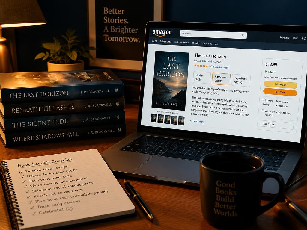 Amazon book listing with a launch checklist and stacked novels