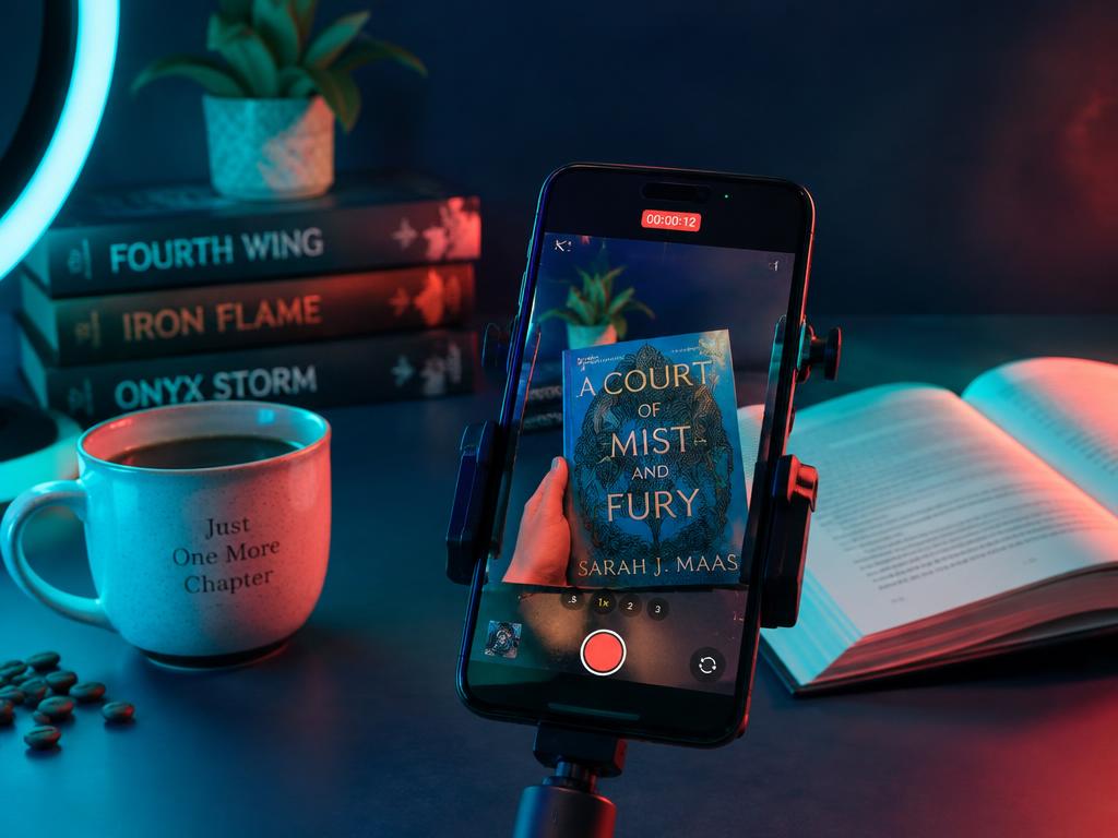 Phone filming a BookTok video of a novel beside a ring light